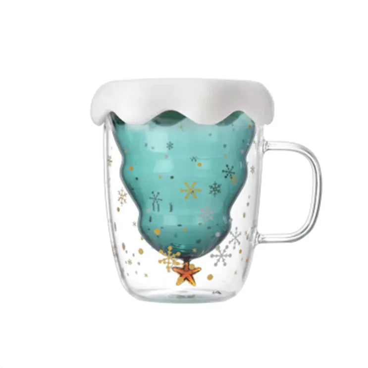 Double Heat Resistant Glass Coffee Cup Christmas Tree With Handle And Lid Milk Water Cup Cute Household Breakfast Whiskey Mug